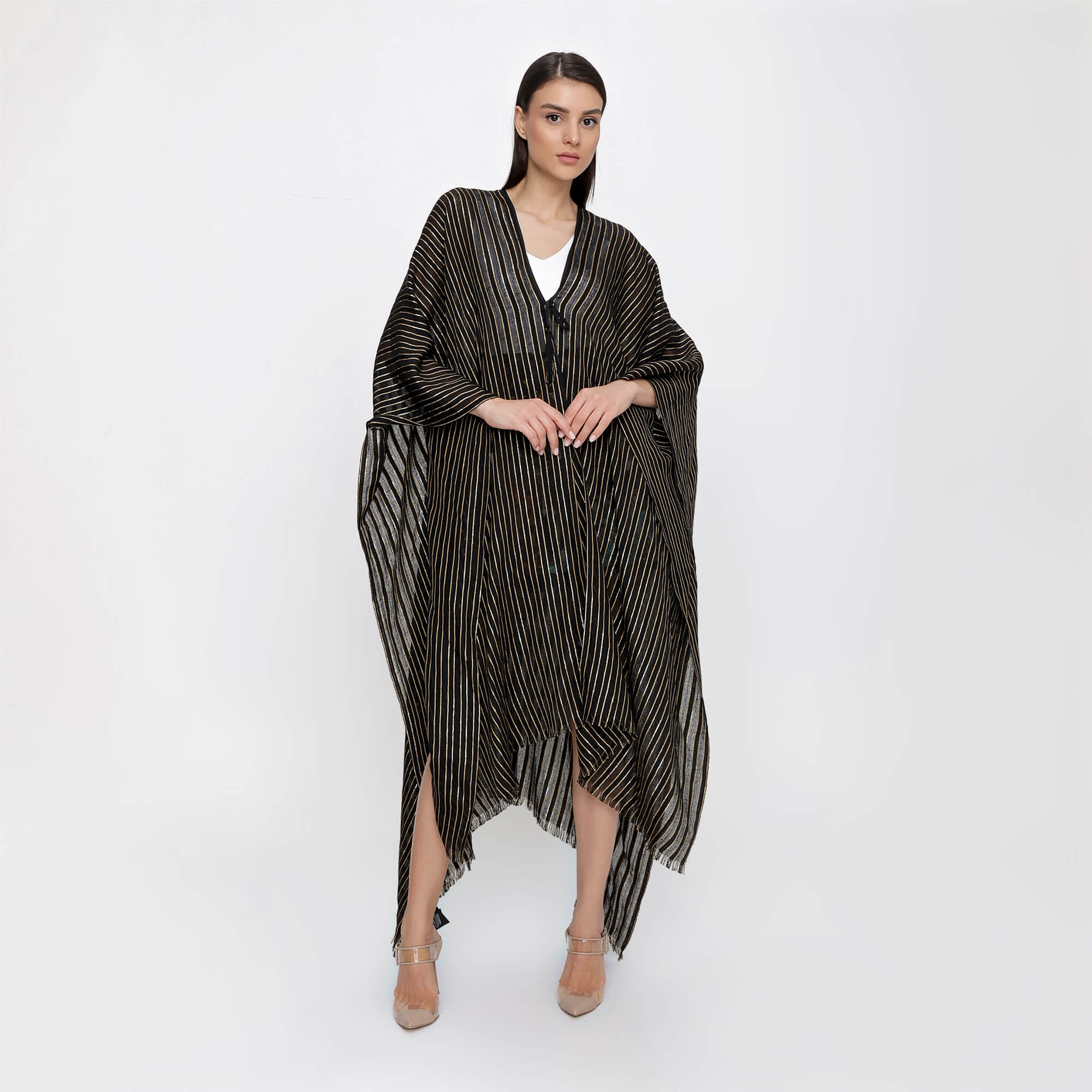 Yves Saint Laurent - Black Cashmere Blend Gold Lurex Stripes Poncho